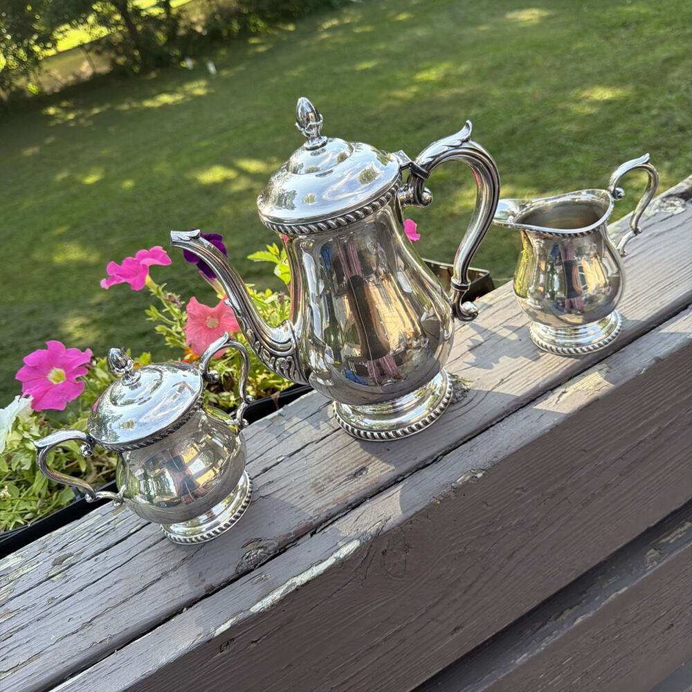 Vintage Art Silver Co SPC 7500 Silverplate 3 Pc Tea Coffee Set 1930s 1940s Art